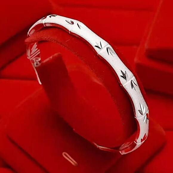 Sterling Silver Bamboo Engraved Cuff Bangle Bracelet - Picture 4 of 7
